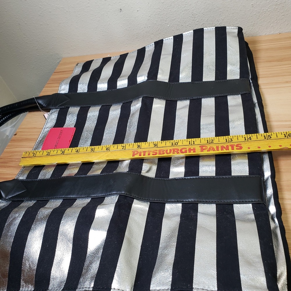 Victoria's Secret Black Silver Stripe Tote Bag Logo Front Weekender CarryAll NWT - Picture 5 of 13